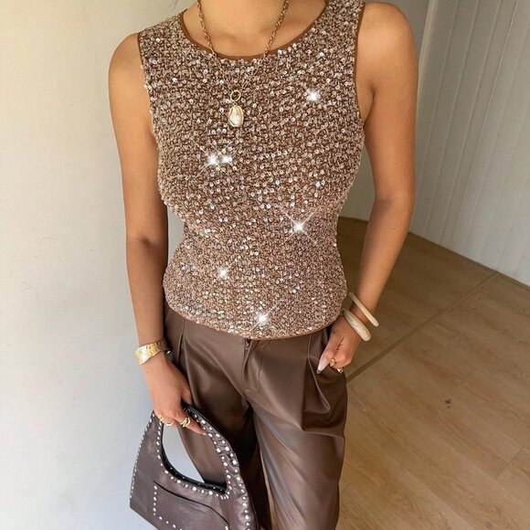Brown Casual Women's Sequin Fitted Sleeveless Tank Top - Picture 3 of 7